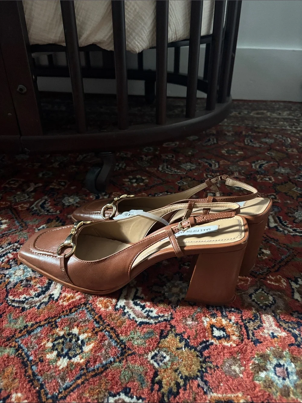 Saks Fifth Avenue Tan Leather Slingback heel Loafers with Gold Bit